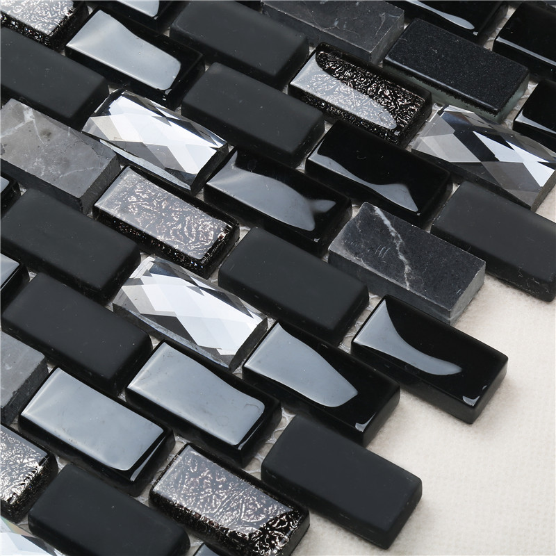 Black Iridescent Diamond Surface Glass Mix Stone Mosaic Tiles For Decoration