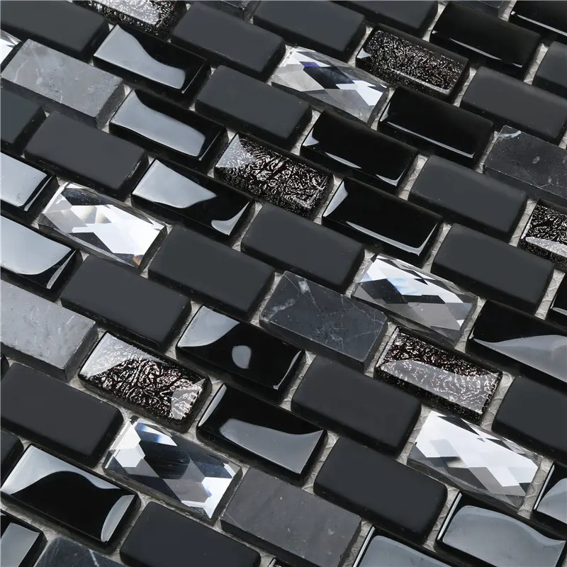 Black Iridescent Diamond Surface Glass Mix Stone Mosaic Tiles For Decoration