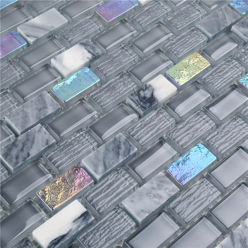 Gray Iridescent 15*30 Electroplating Glass Mix Stone Mosaic TIles