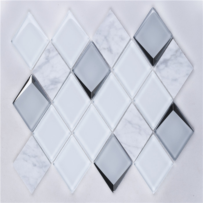 Premium White 3d Diamond Shape Glass Carrara Marble Mosaic Wall Tiles HMB247