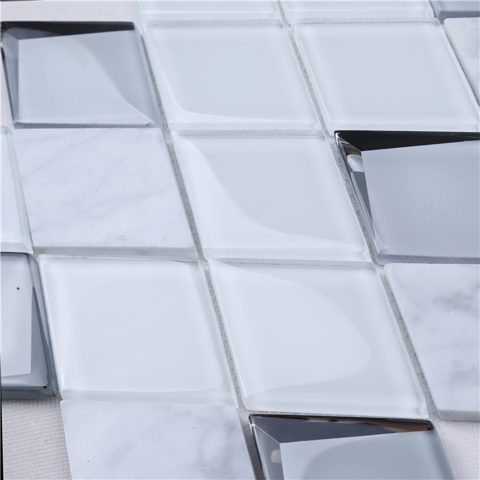 Premium White 3d Diamond Shape Glass Carrara Marble Mosaic Wall Tiles HMB247